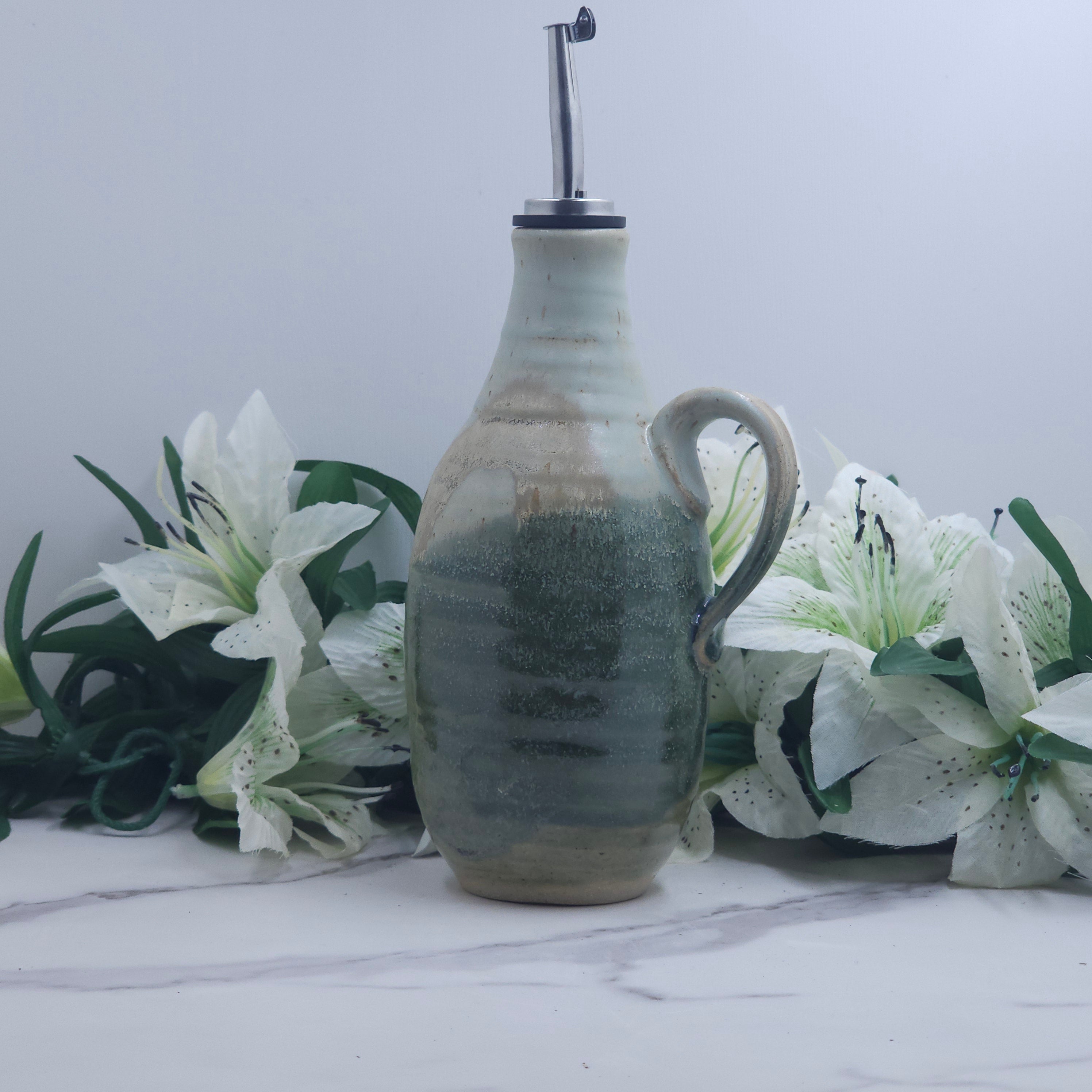 Olive Oil  Bottle w/leaves handmade pottery