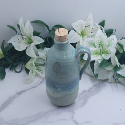 Cork lid Bottle w/leaves handmade pottery