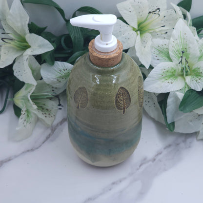 Soap Dispenser w/leaves handmade pottery