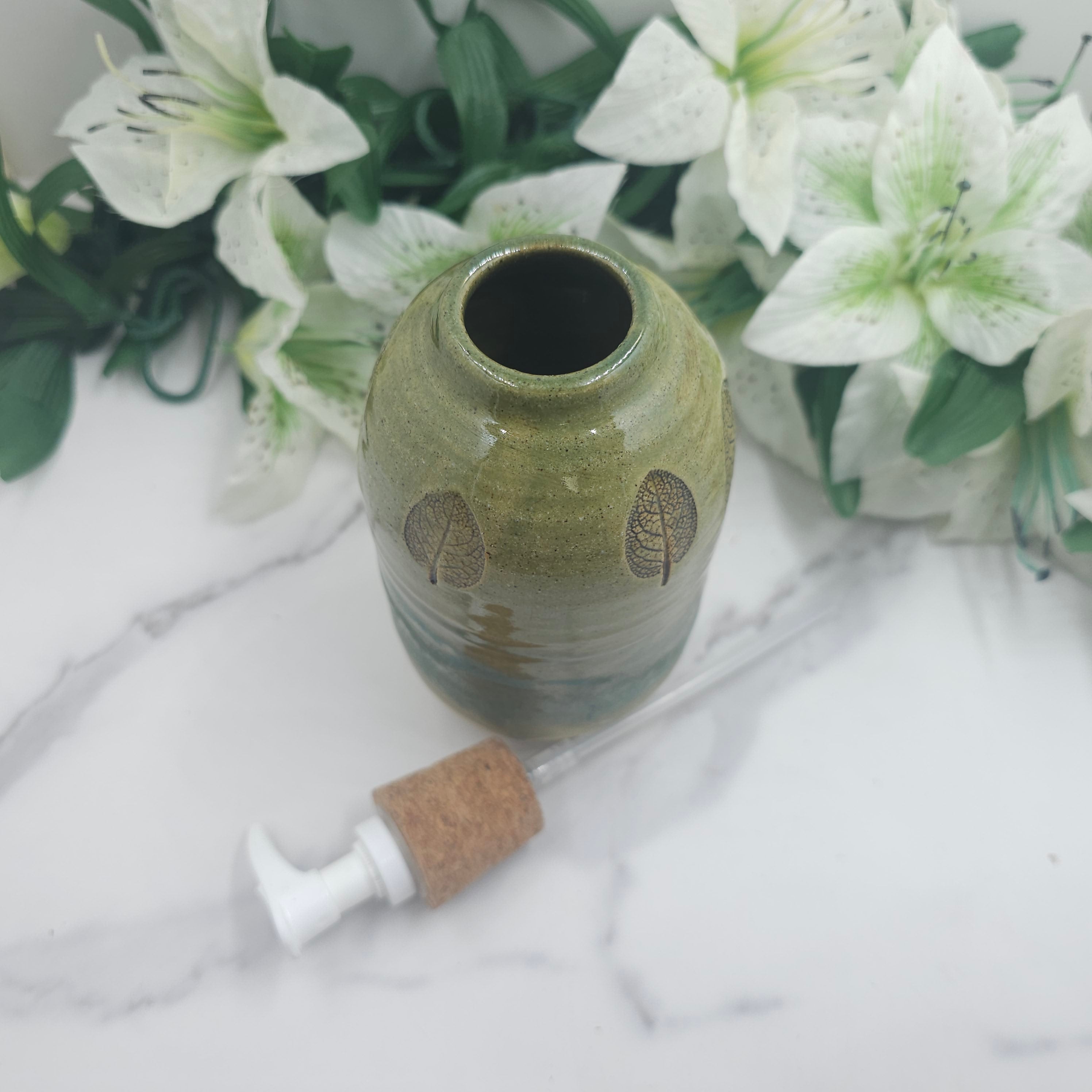Soap Dispenser w/leaves handmade pottery