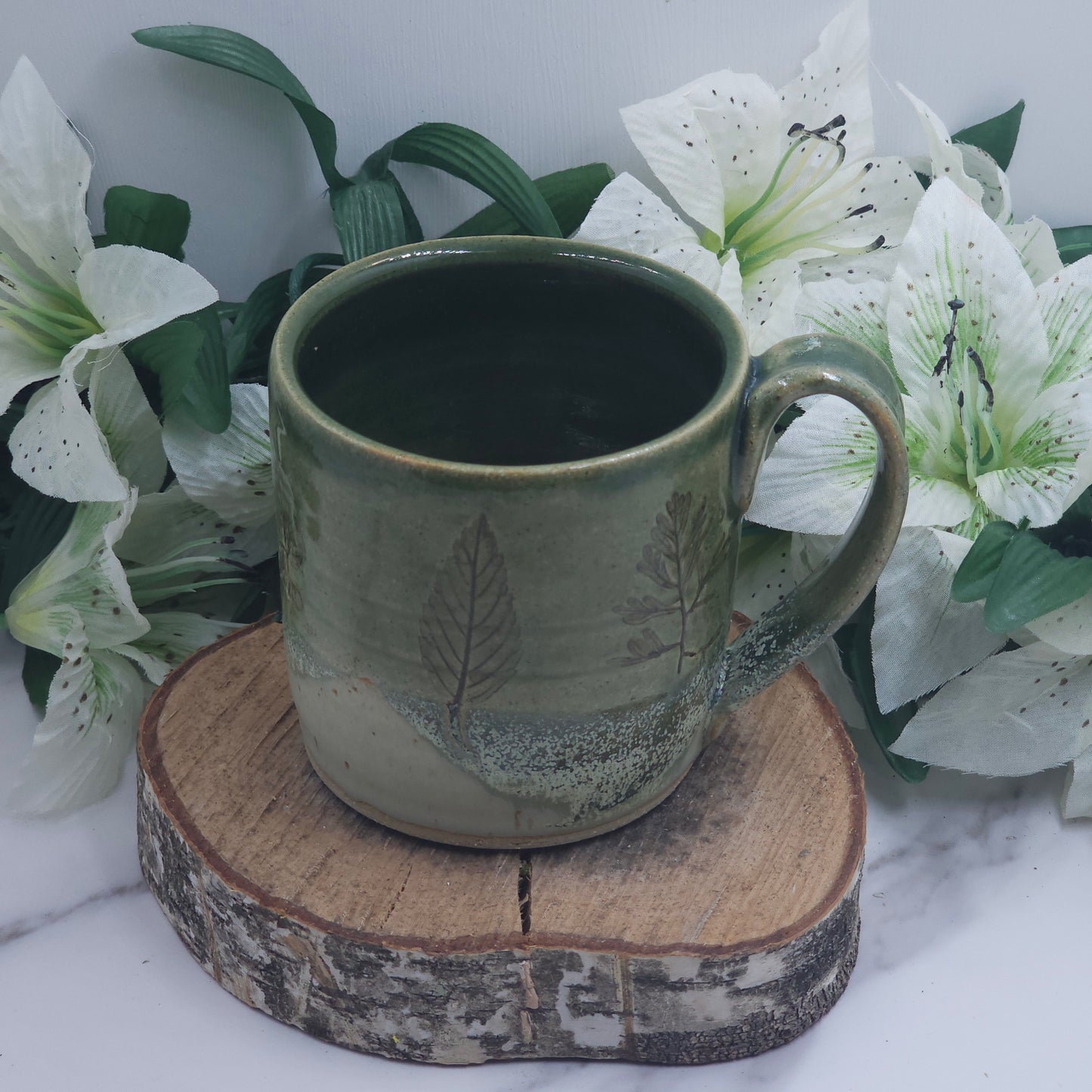 Wide Mug w/ Leaves handmade pottery