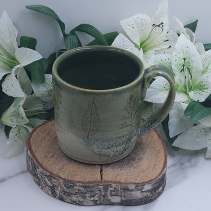 Wide Mug w/ Leaves handmade pottery