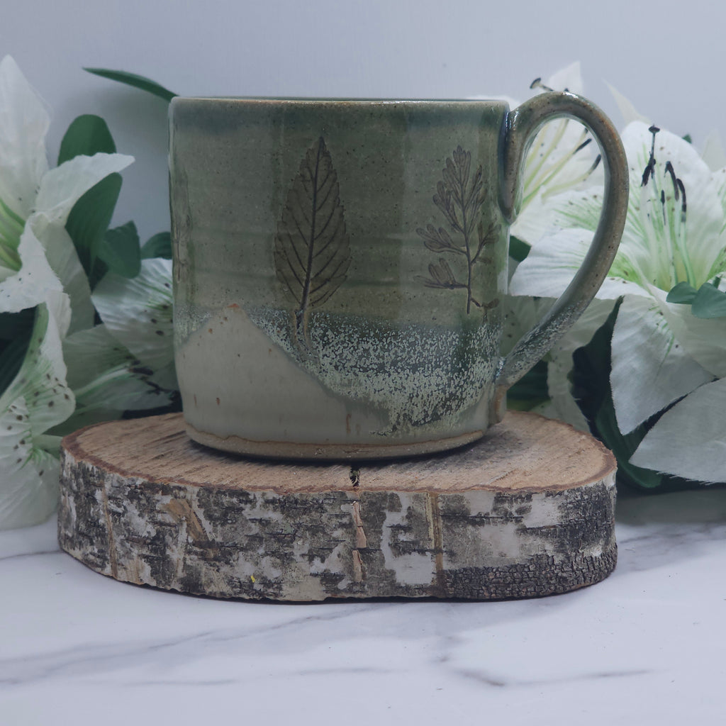 Wide Mug w/ Leaves handmade pottery