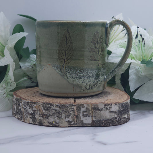 Wide Mug w/ Leaves handmade pottery
