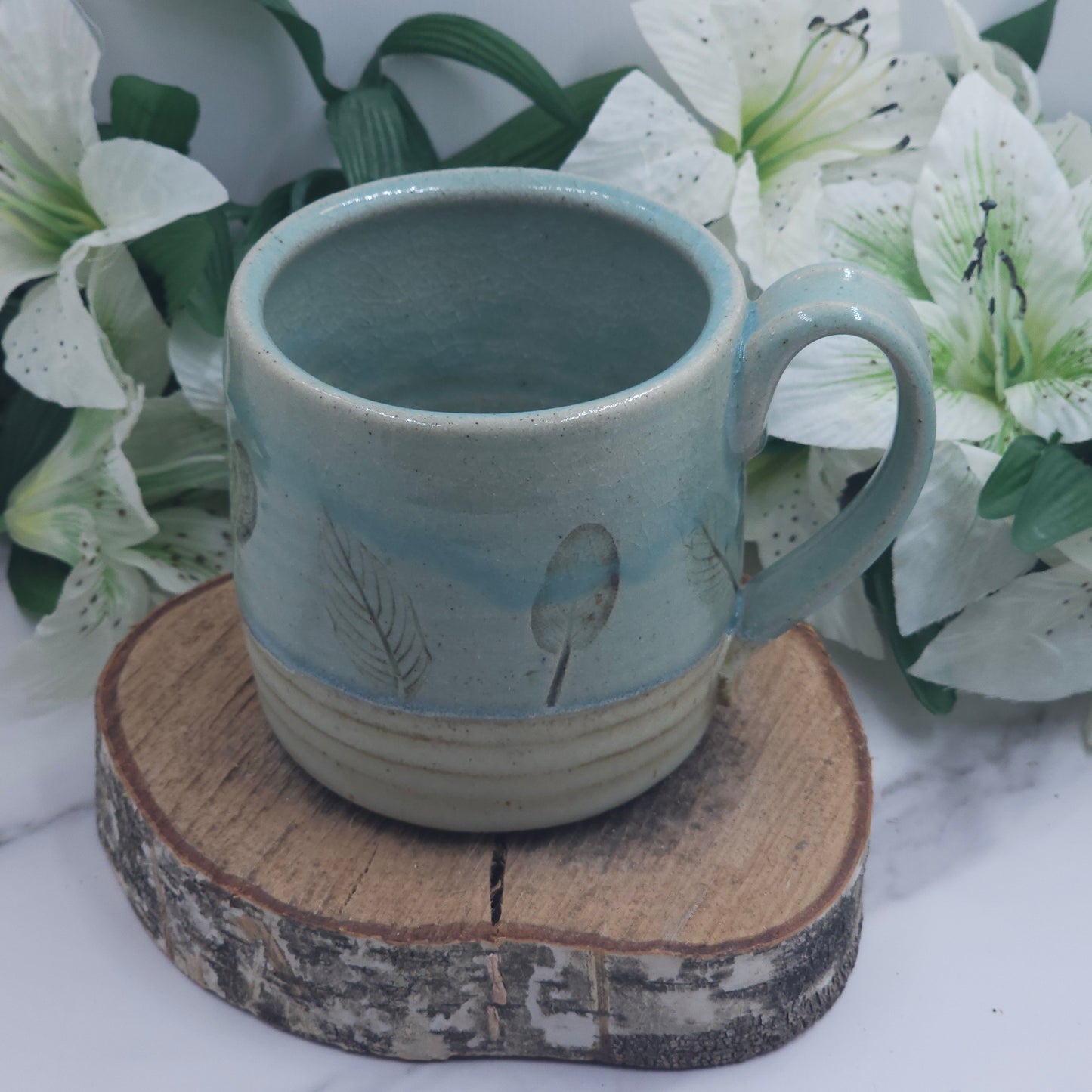 Wide Mug w/ Leaves handmade pottery