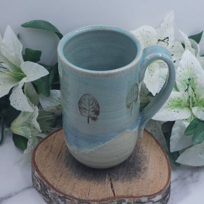 Tall Mug w/ Leaves handmade pottery