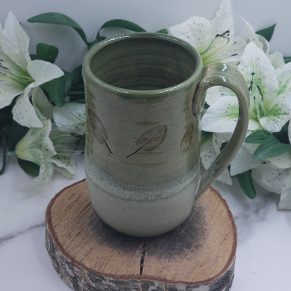 Tall Mug w/ Leaves handmade pottery