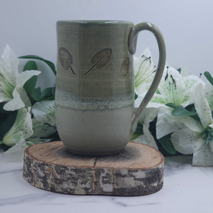 Tall Mug w/ Leaves handmade pottery