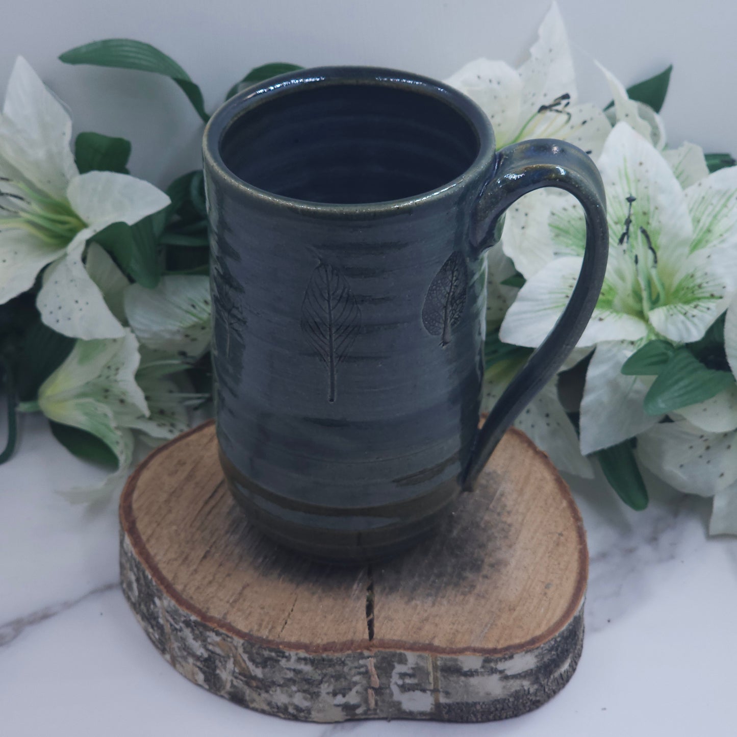 Tall Mug w/ Leaves handmade pottery