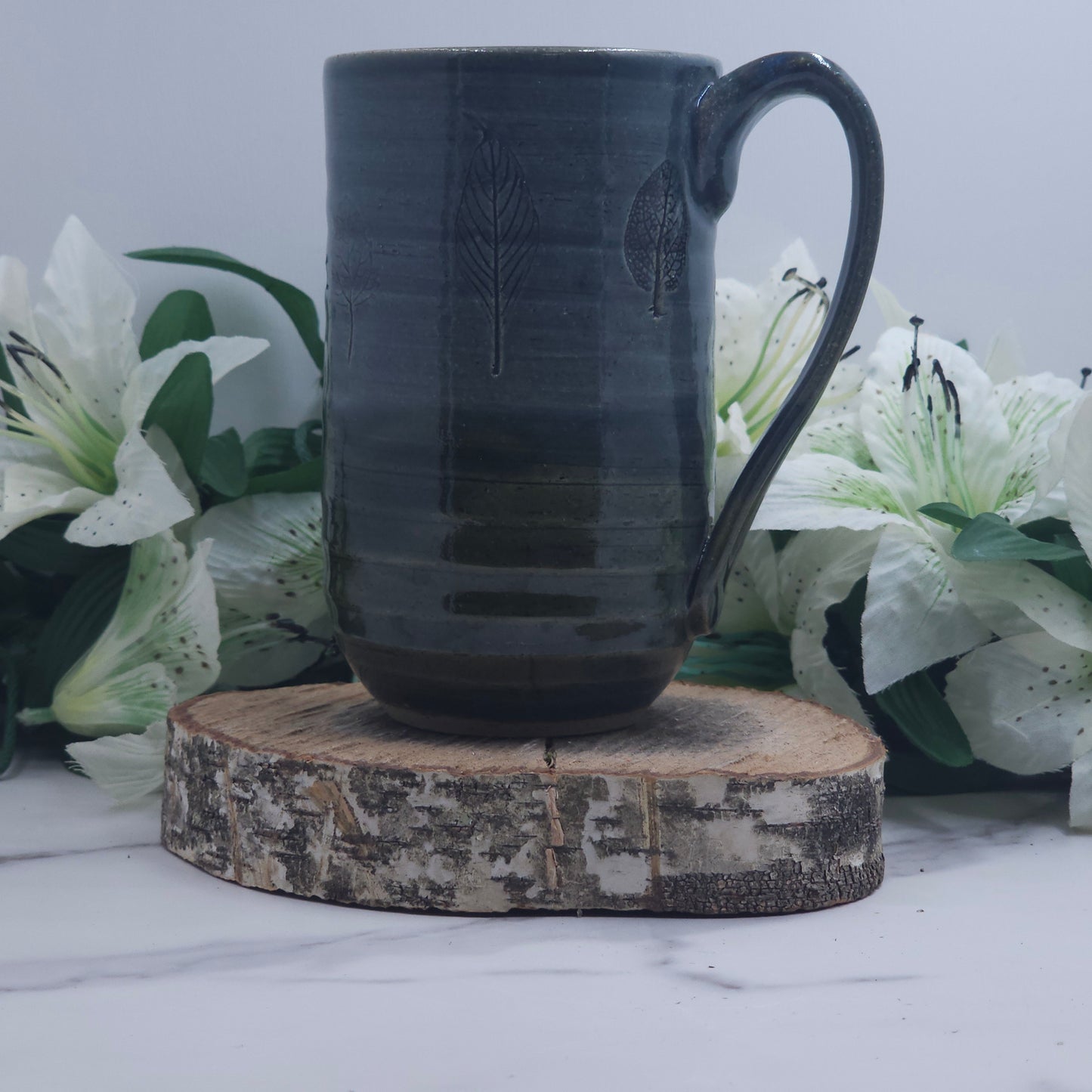 Tall Mug w/ Leaves handmade pottery