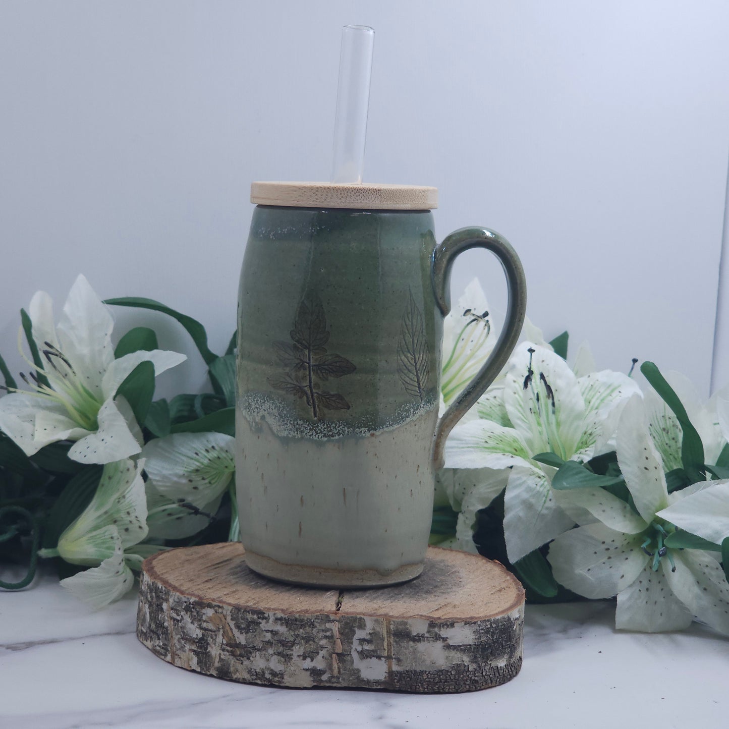 To-Go Cup w/ Leaves handmade pottery