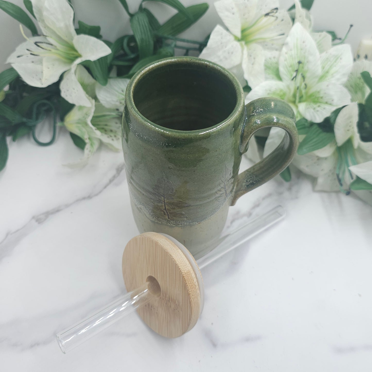 To-Go Cup w/ Leaves handmade pottery