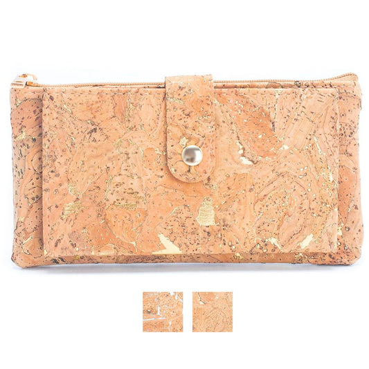 Gold and silver cork Slim card snap long wallet