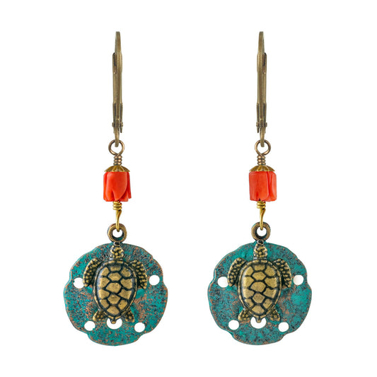 Sea Turtle Sunbathing Red Coral Earrings - Tropical Vacation