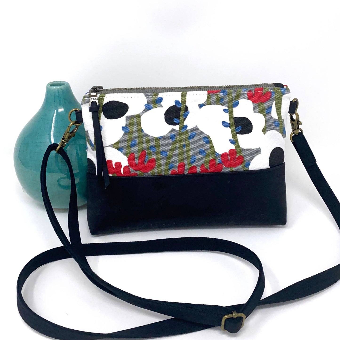 Poppies on the Hill Organic Cotton & black Cork Crossbody