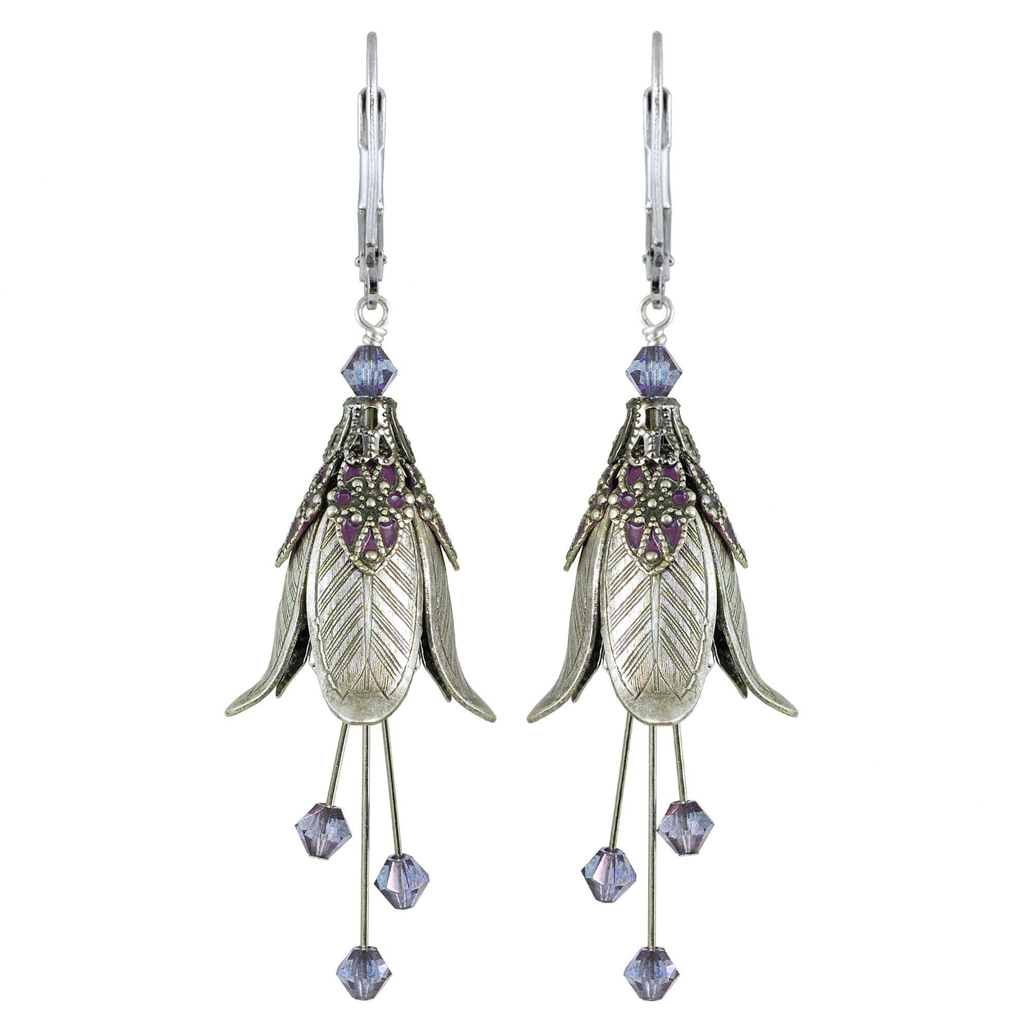 Mystic Lily Flower w Crystals Hand Painted Earrings - Flower Fairy