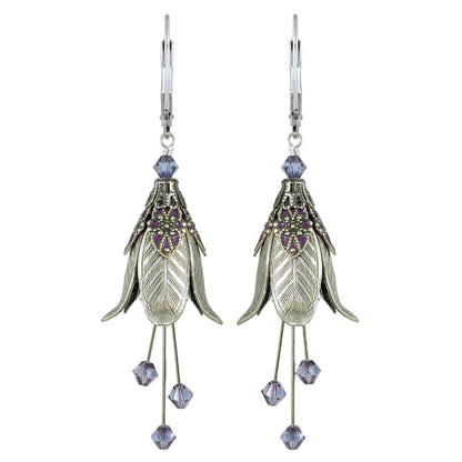 Mystic Lily Flower w Crystals Hand Painted Earrings - Flower Fairy