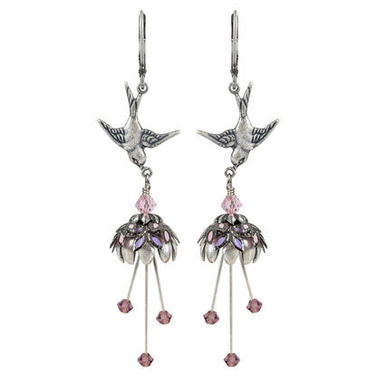 Floral Bird Hand Painted Earrings w/ Crystals - Flower Fairy