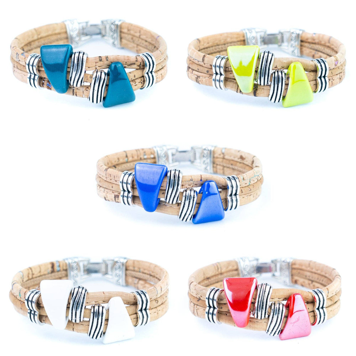Ceramic Beads & Antique Silver Spacers Handmade Cork Bracelet