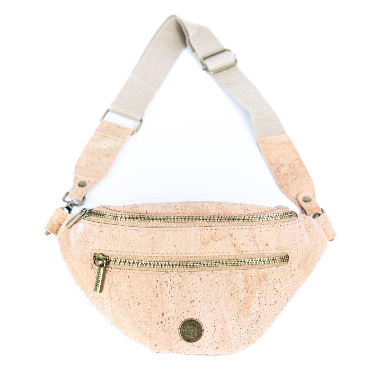 Sling Cork Bag with Adjustable Strap and Metal Zippers