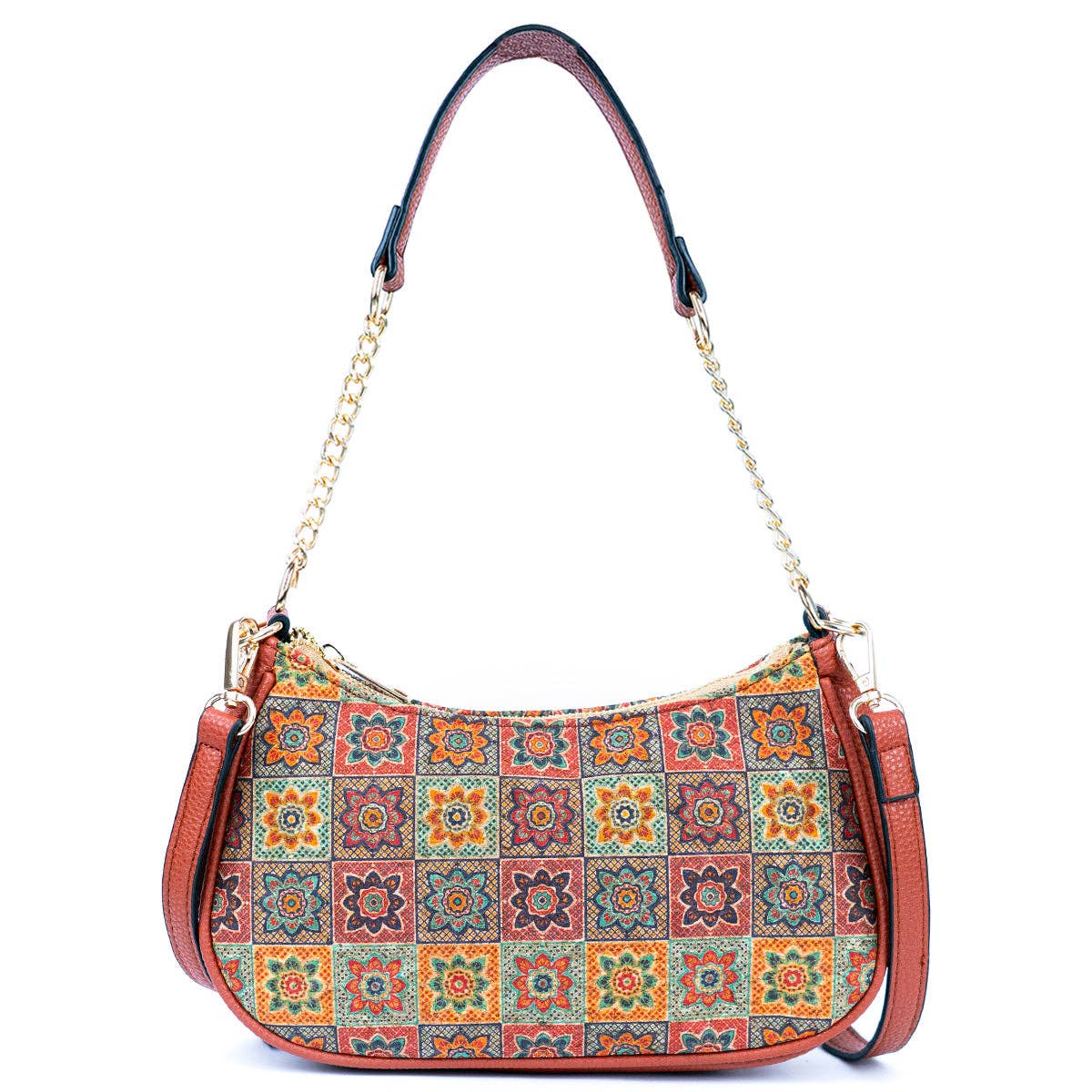 Bohemian Chic Printed Cork & Brown PU Leather Crossbody bag