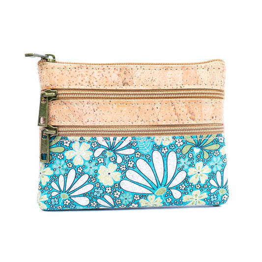 Chic Printed Cork Mini Wallet with Triple Zippers