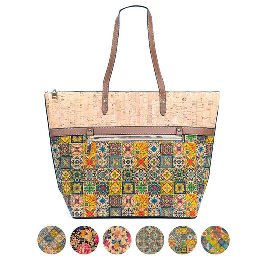 Printed Cork Tote Bag with PU Handle