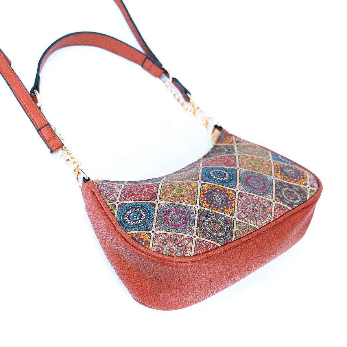 Bohemian Chic Printed Cork & Brown PU Leather Crossbody bag