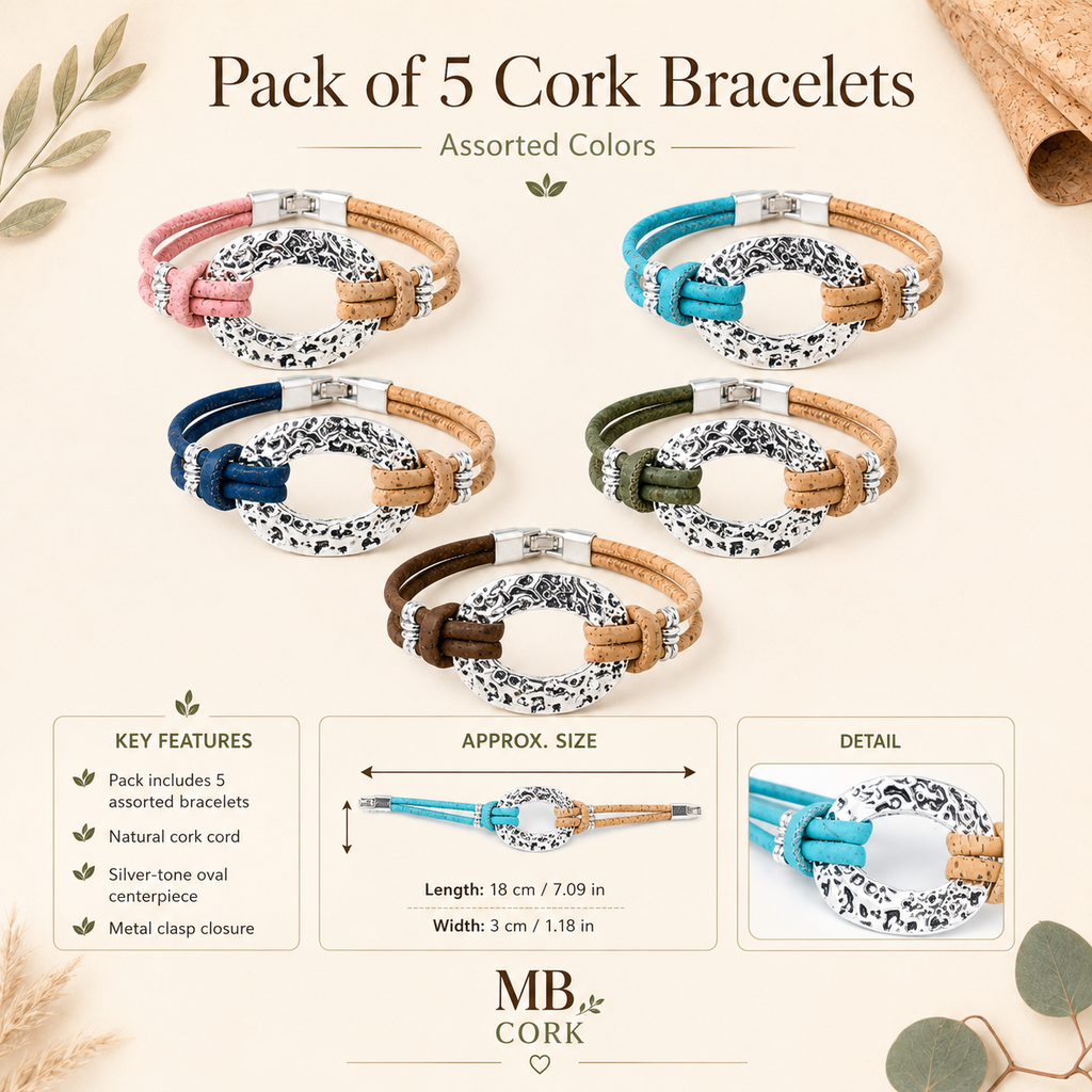 Silver-Tone Oval Handmade Natural Cork Bracelet
