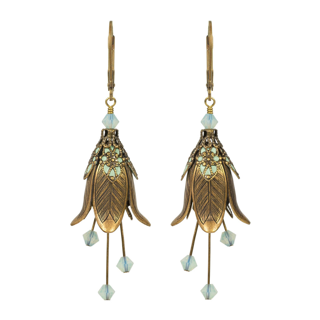 Mystic Lily Flower w Crystals Hand Painted Earrings - Flower Fairy