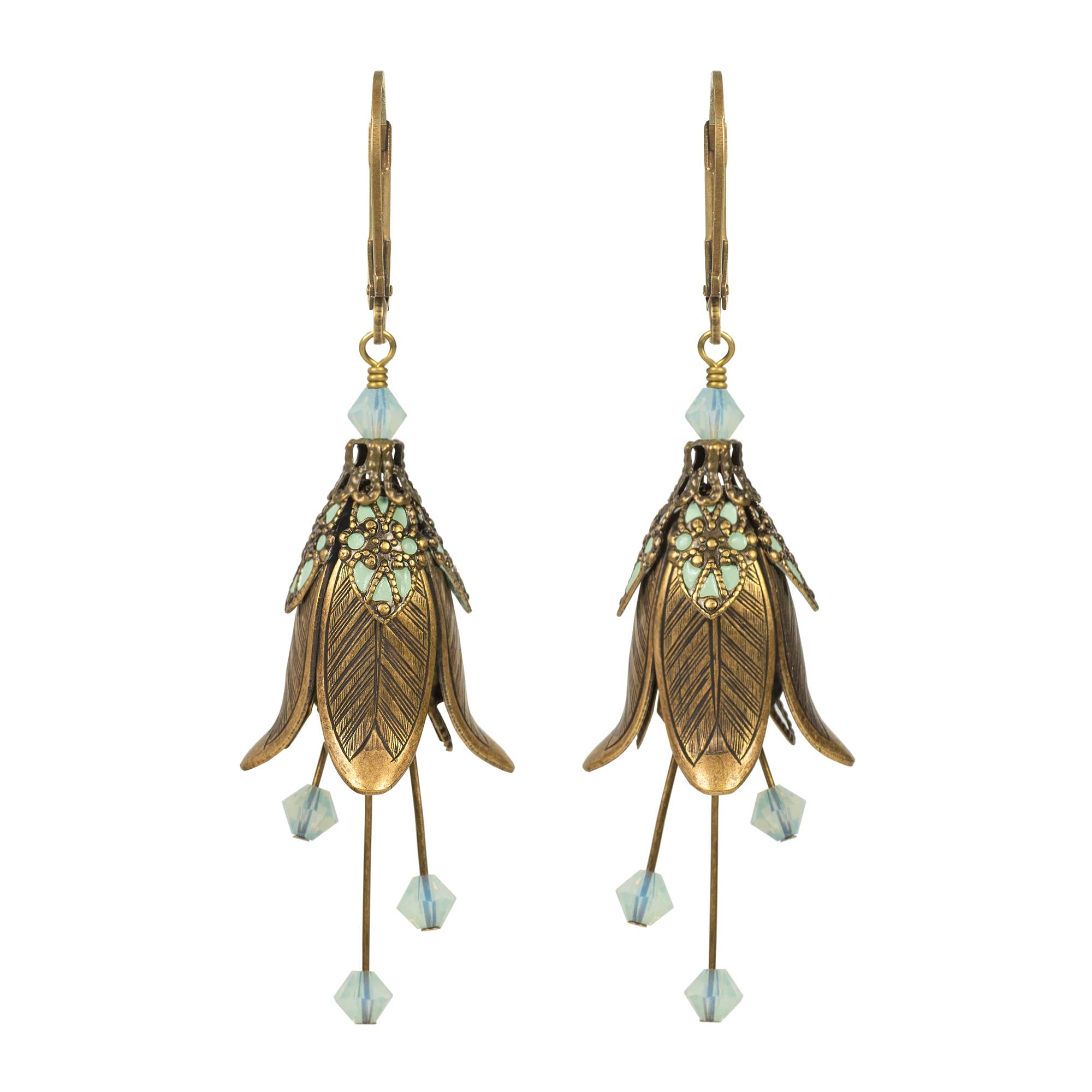 Mystic Lily Flower w Crystals Hand Painted Earrings - Flower Fairy