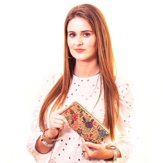 Natural cork with flower pattern zipper women wallet