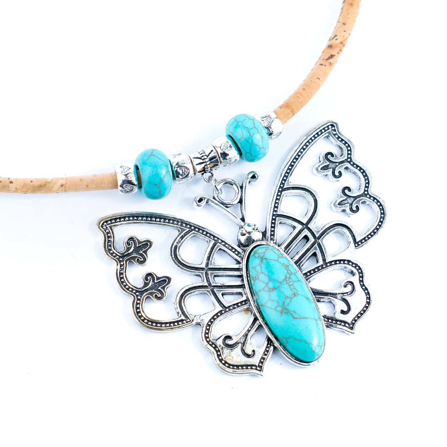 Butterfly Turquoise beads and Cork pendant handmade necklace