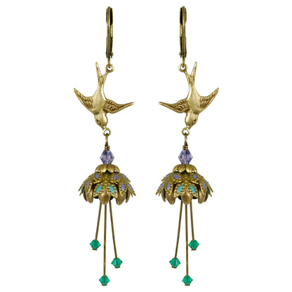 Floral Bird Hand Painted Earrings w/ Crystals - Flower Fairy