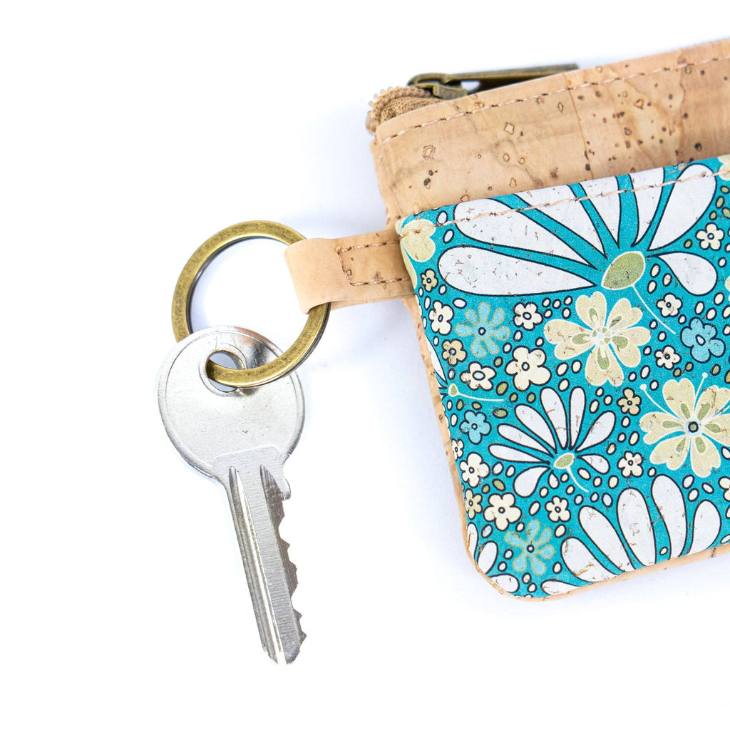 Small Cork Coin Purse with Key Ring – Floral Print