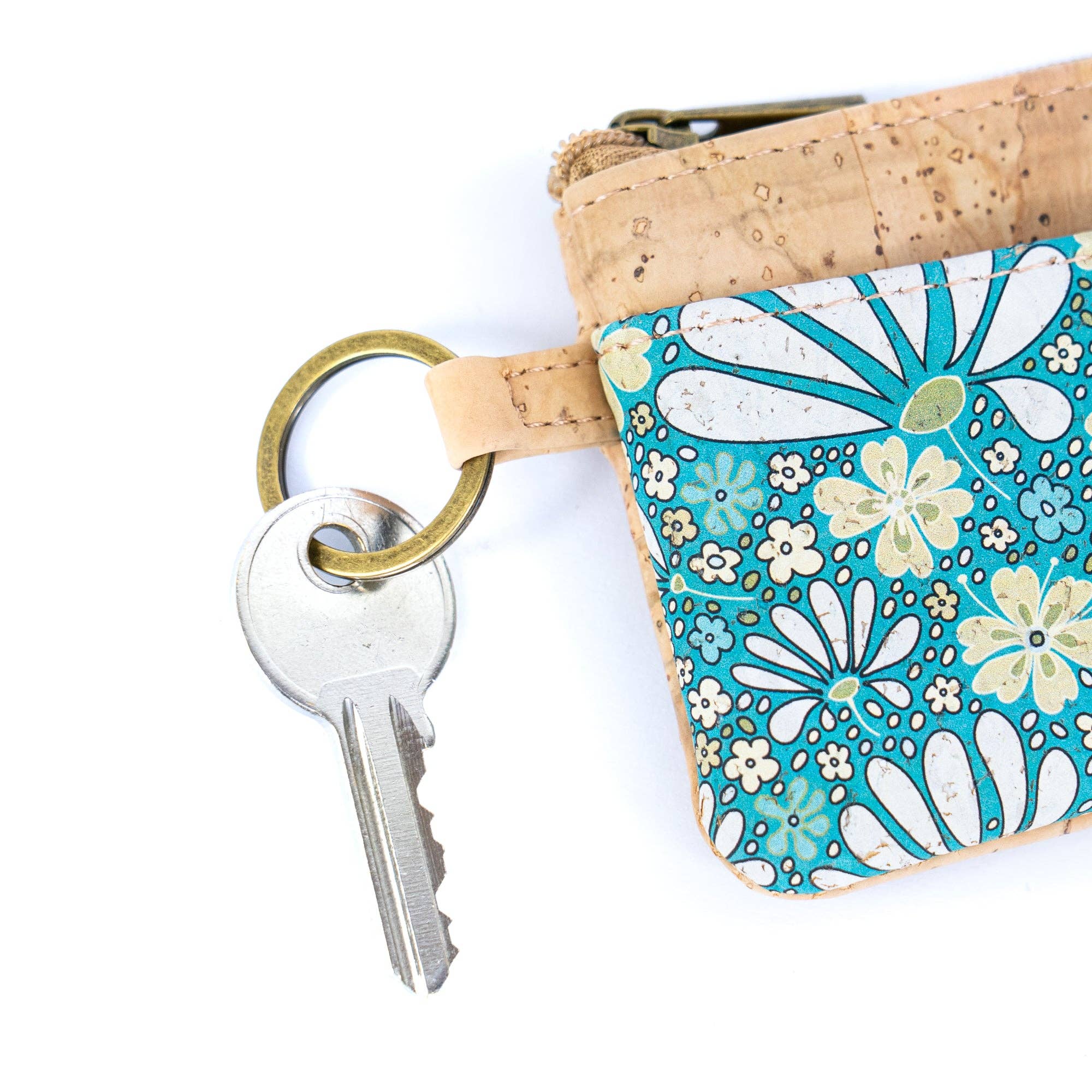 Small Cork Coin Purse with Key Ring – Floral Print