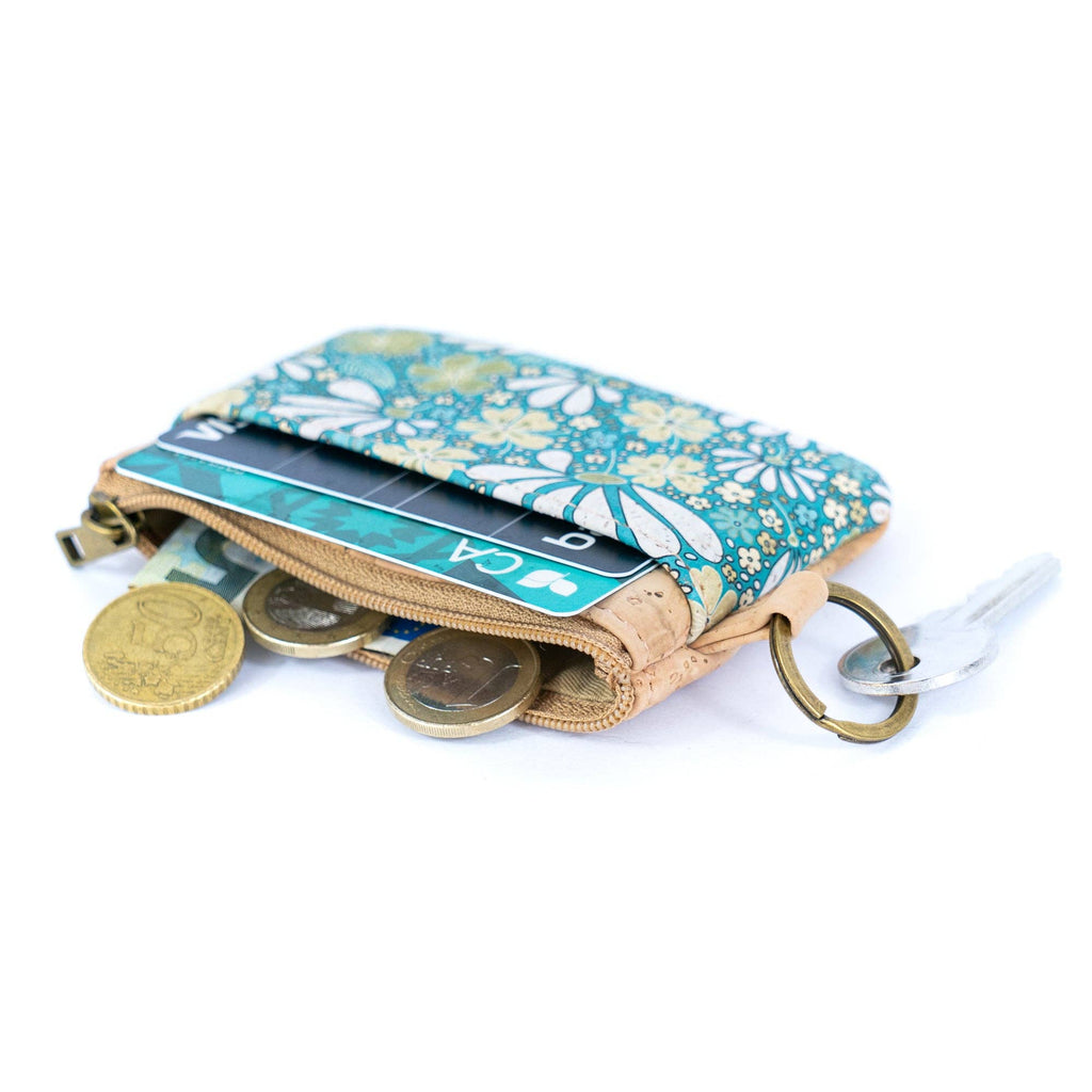 Small Cork Coin Purse with Key Ring – Floral Print
