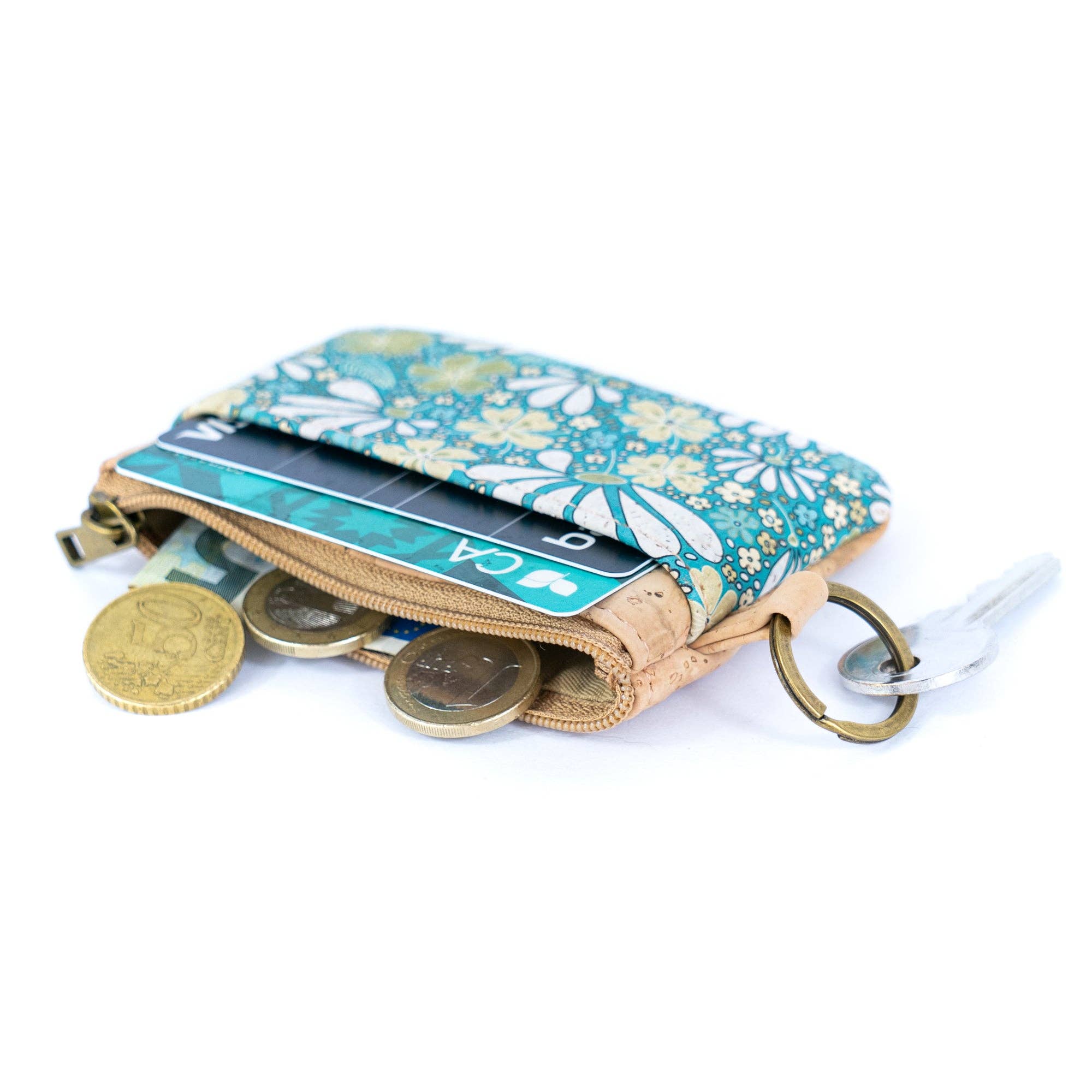 Small Cork Coin Purse with Key Ring – Floral Print