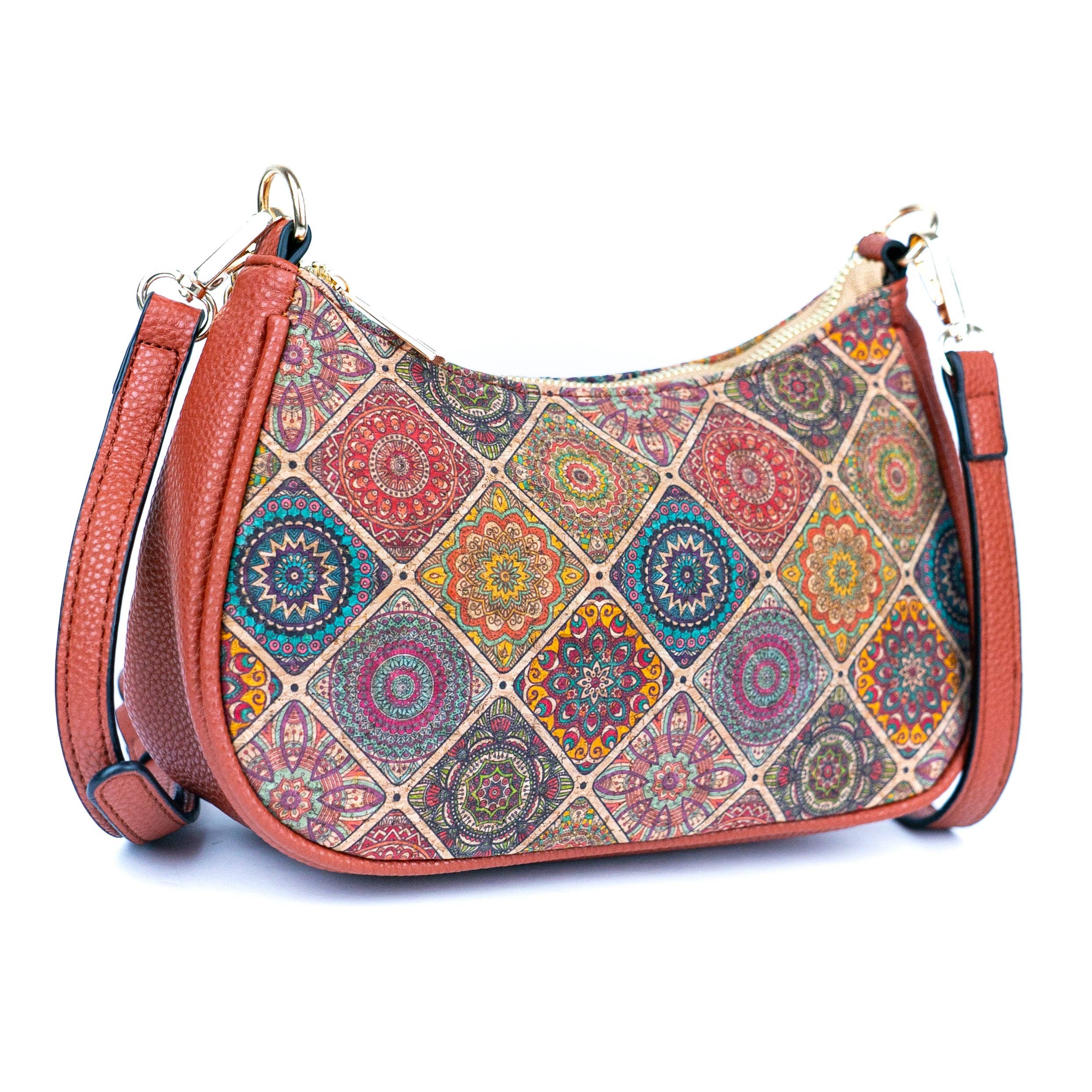 Bohemian Chic Printed Cork & Brown PU Leather Crossbody bag