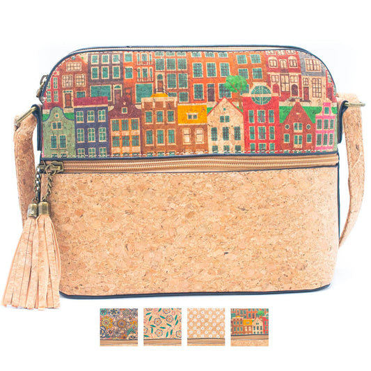 Tassel Zip Pocket Cork Crossbody Bag