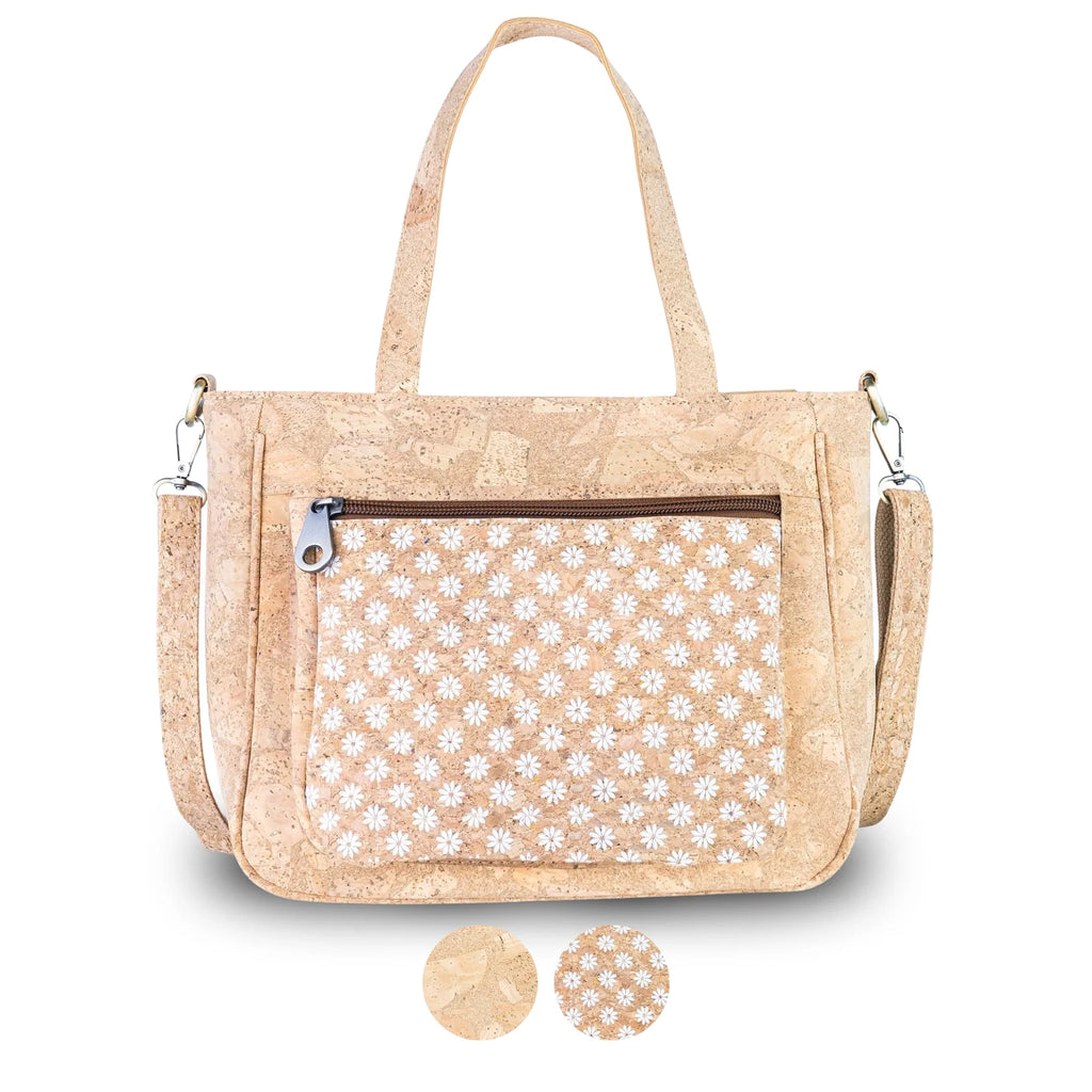 Natural Cork Handbag with Floral Pocket and Detachable Strap