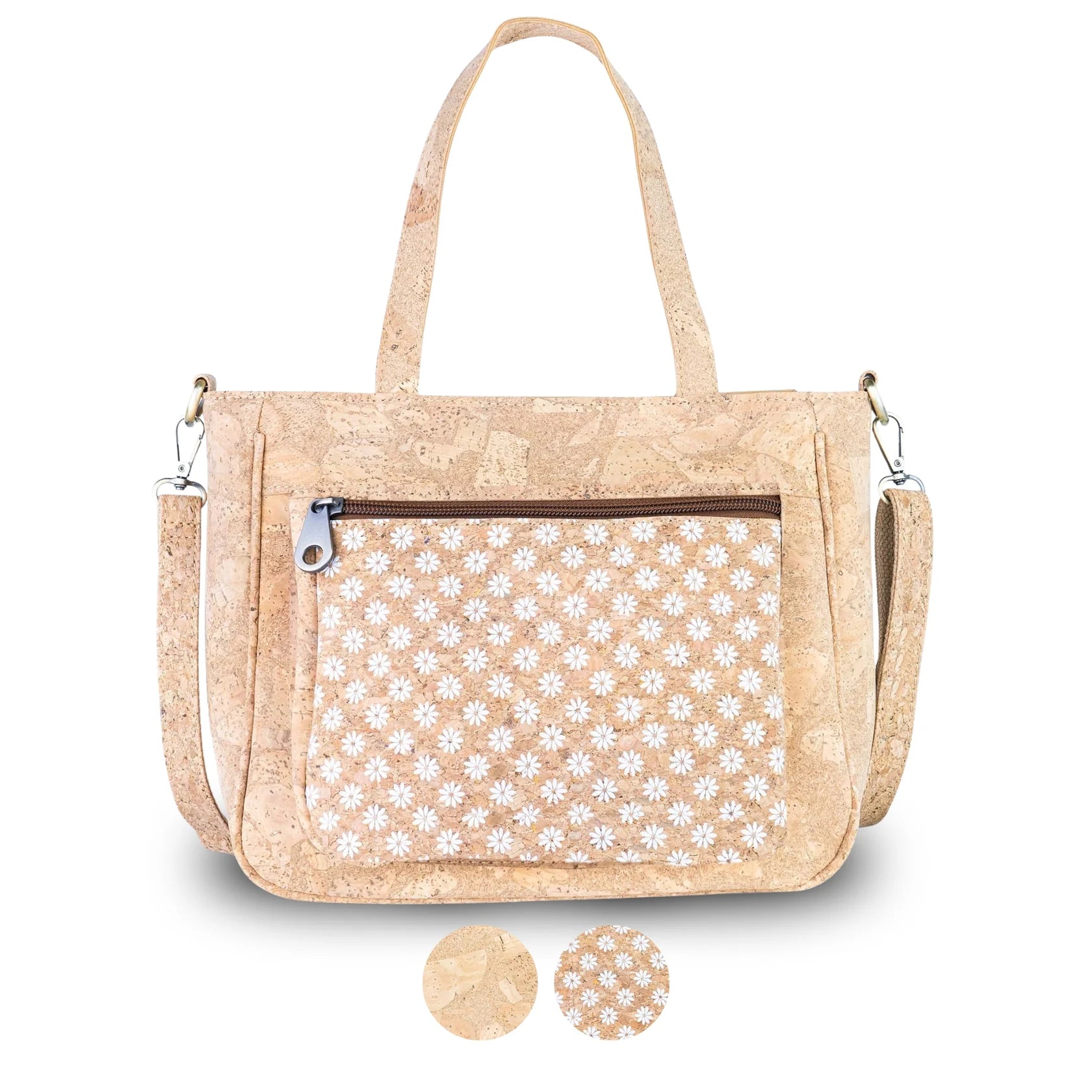 Natural Cork Handbag with Floral Pocket and Detachable Strap