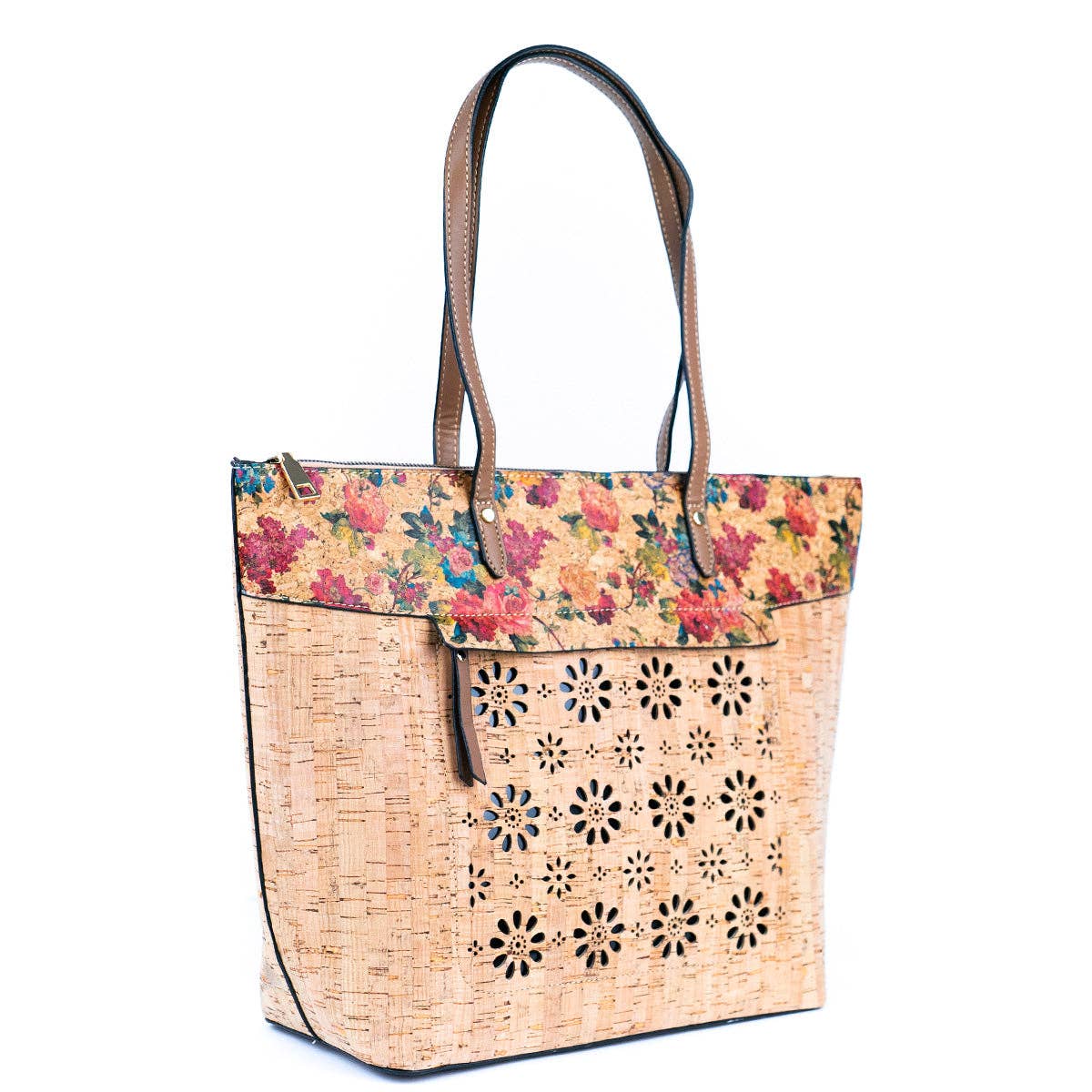 Cork and Cut-Out Printed Cork Tote Bag with PU Handles