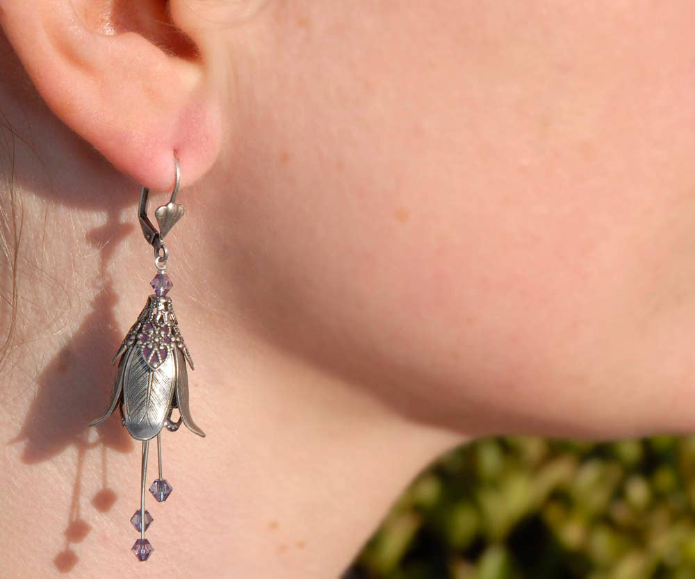 Mystic Lily Flower w Crystals Hand Painted Earrings - Flower Fairy
