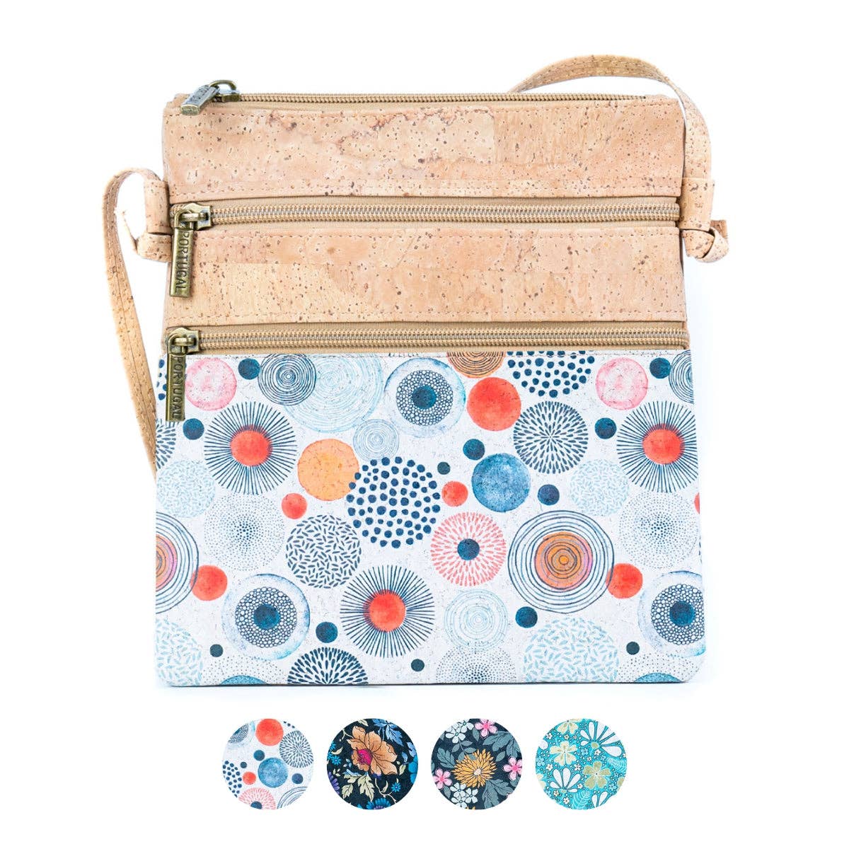 Cork Double Zip Flower print Crossbody Bag