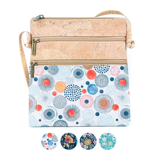 Cork Double Zip Flower print Crossbody Bag