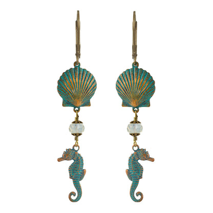 Seahorses and Shells Earrings w Crystals - Tropical Vacation