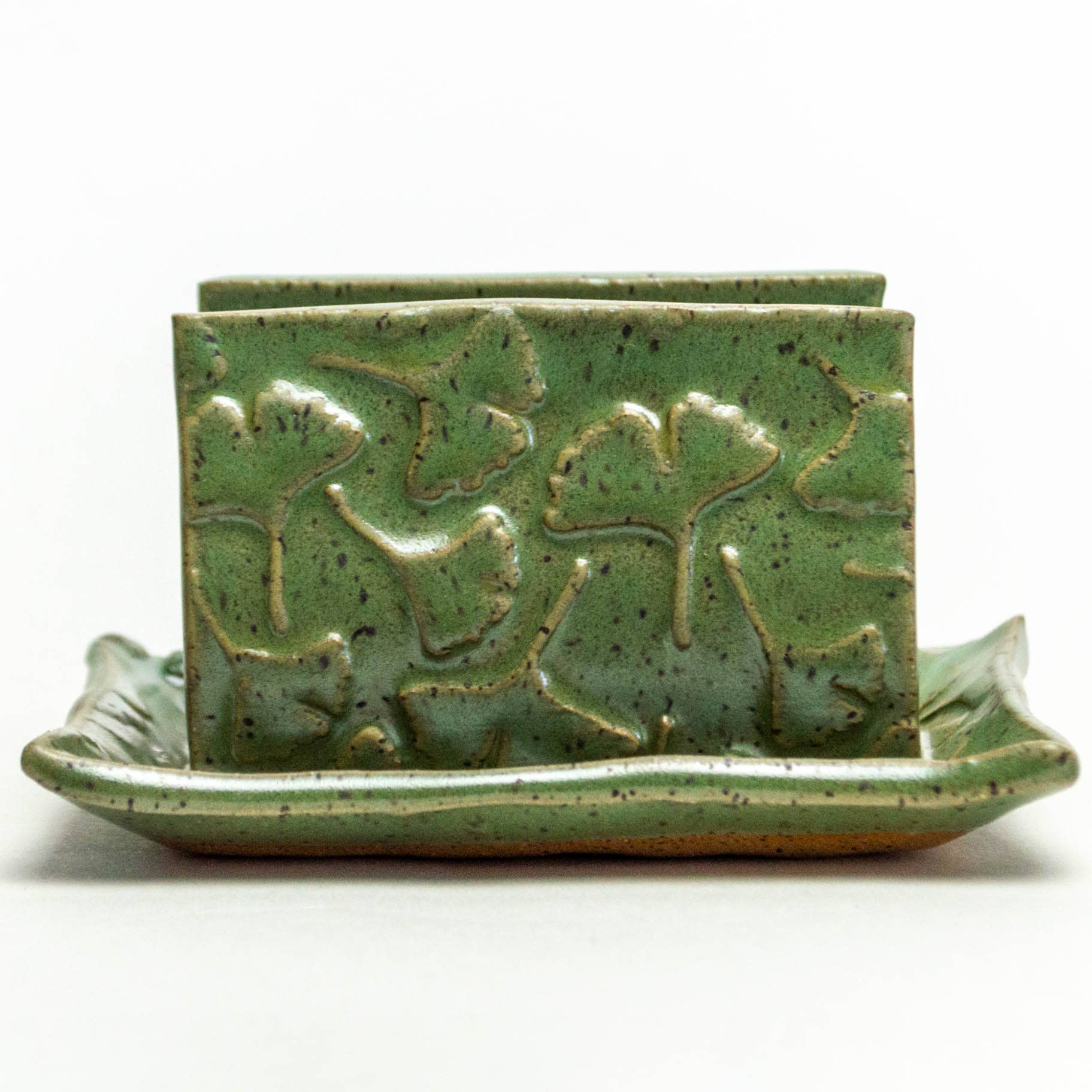 Ginkgo Patterned Green Ceramic Sponge Holder
