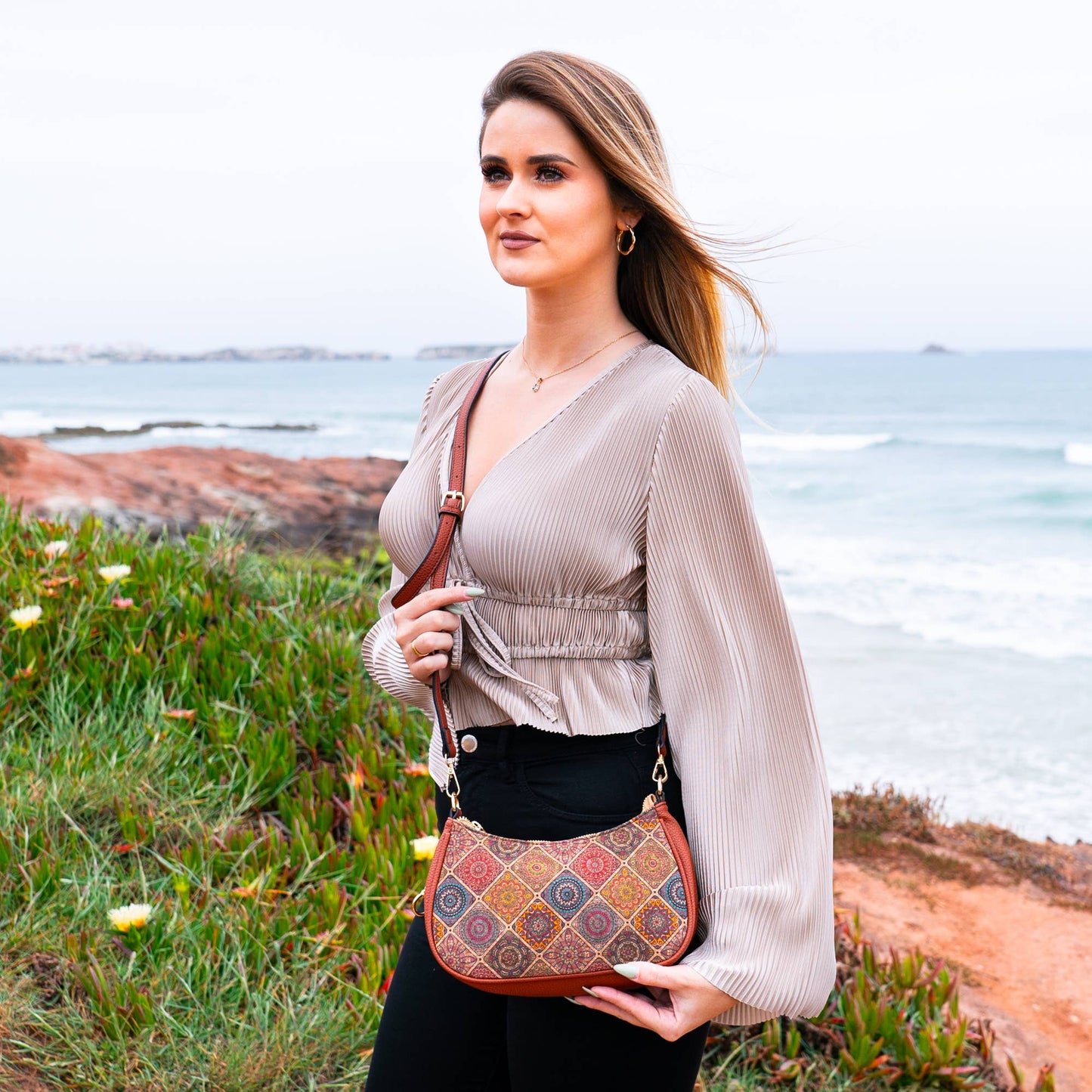 Bohemian Chic Printed Cork & Brown PU Leather Crossbody bag