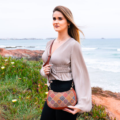Bohemian Chic Printed Cork & Brown PU Leather Crossbody bag